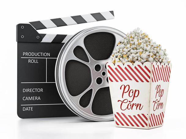 Vintage popcorn, clapboard and film slate isolated on white background. 3D illustration.