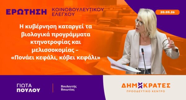 Γιώτα Πούλου: Η κυβέρνηση καταργεί τα βιολογικά προγράμματα κτηνοτροφίας και μελισσοκομίας