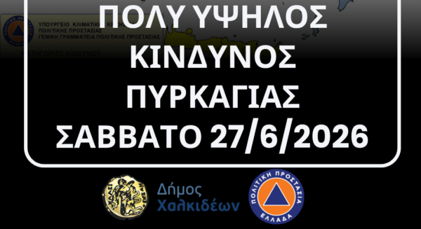 Πολύ υψηλός κίνδυνος πυρκαγιάς (κατηγορίας 4) αύριο, Σάββατο 27 Ιουνίου 2026, στον Δήμο Χαλκιδέων