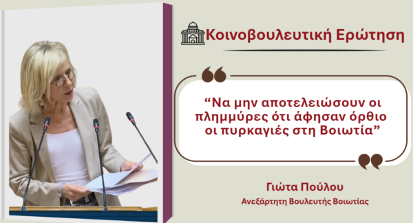 Γιώτα Πούλου: Να μην αποτελειώσουν οι πλημμύρες ό,τι άφησαν όρθιο οι πυρκαγιές στη Βοιωτία