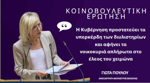 Γιώτα Πούλου: Η Κυβέρνηση προστατεύει τα υπερκέρδη δισεκατομμυρίων των διυλιστηρίων