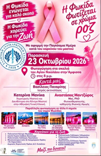 Η Φωκίδα φωτίζεται ροζ για την Παγκόσμια Ημέρα κατά του Καρκίνου του Μαστού