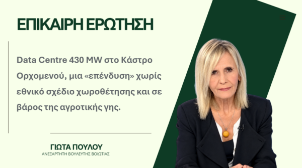 Γ.Πούλου: Data Centre 430 MW στο Κάστρο Ορχομενού, μια «επένδυση» χωρίς εθνικό σχέδιο χωροθέτησης και σε βάρος της αγροτικής γης